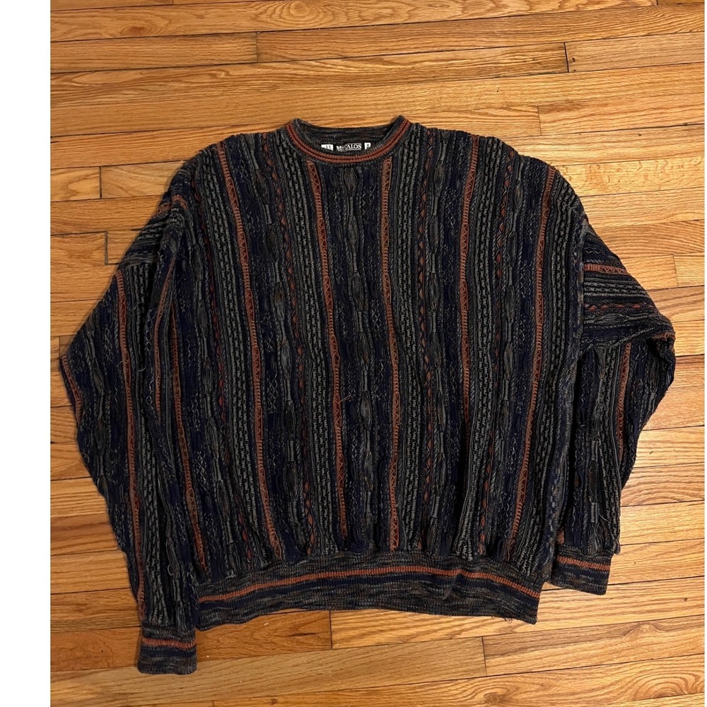 Vintage Megalos 3D Knit Sweater Mens 5X Blue Brown 90s Coogi Style 100% Cotton
